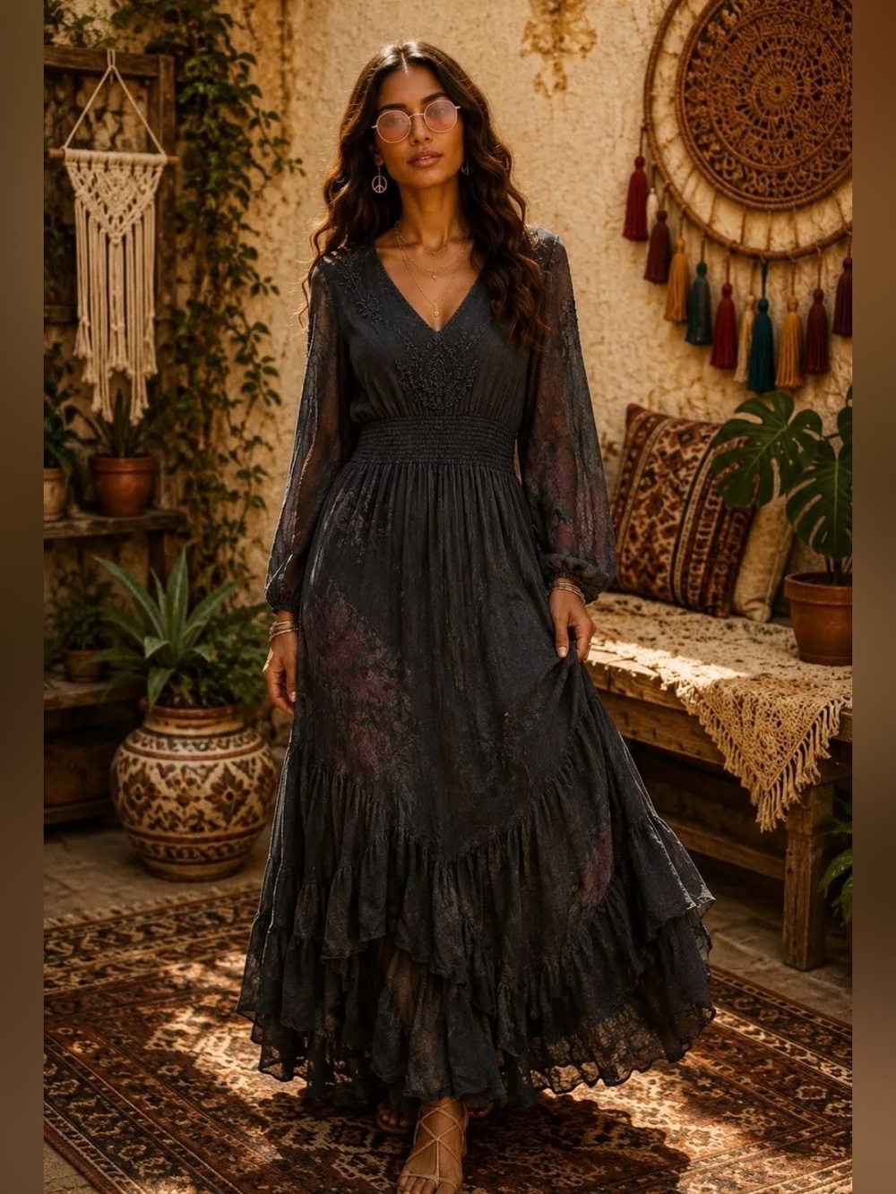 Smocked Waist V-Neck Long Sleeve Maxi Dress - Black